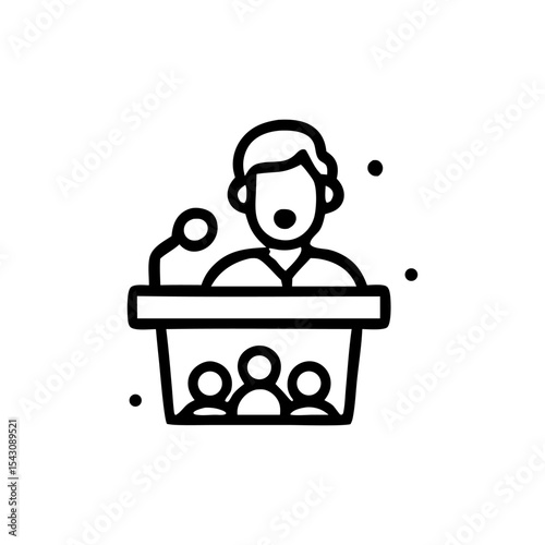 Orator at Podium with Audience Icon Public Speaking Black and White.