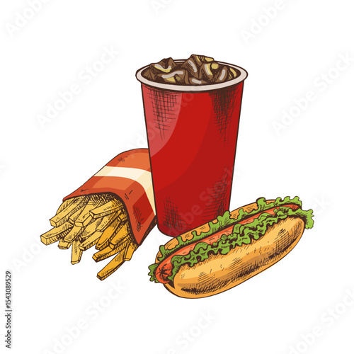 Hand drawn vintage sketch of hot dog, soda drink and french fries in red cup, color vector illustration