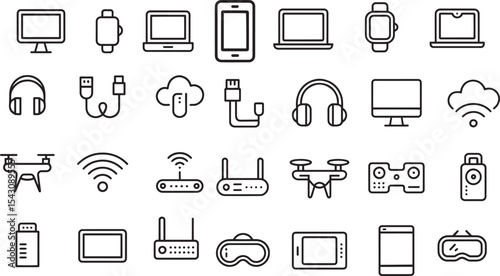 Black Line Art Icons Set Technology Gadgets Devices Minimalist Style Wireless Network Computer Smartphone