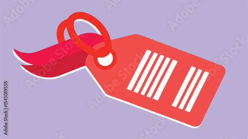 Illustration of a red price tag with a barcode and a red ribbon on a light purple background