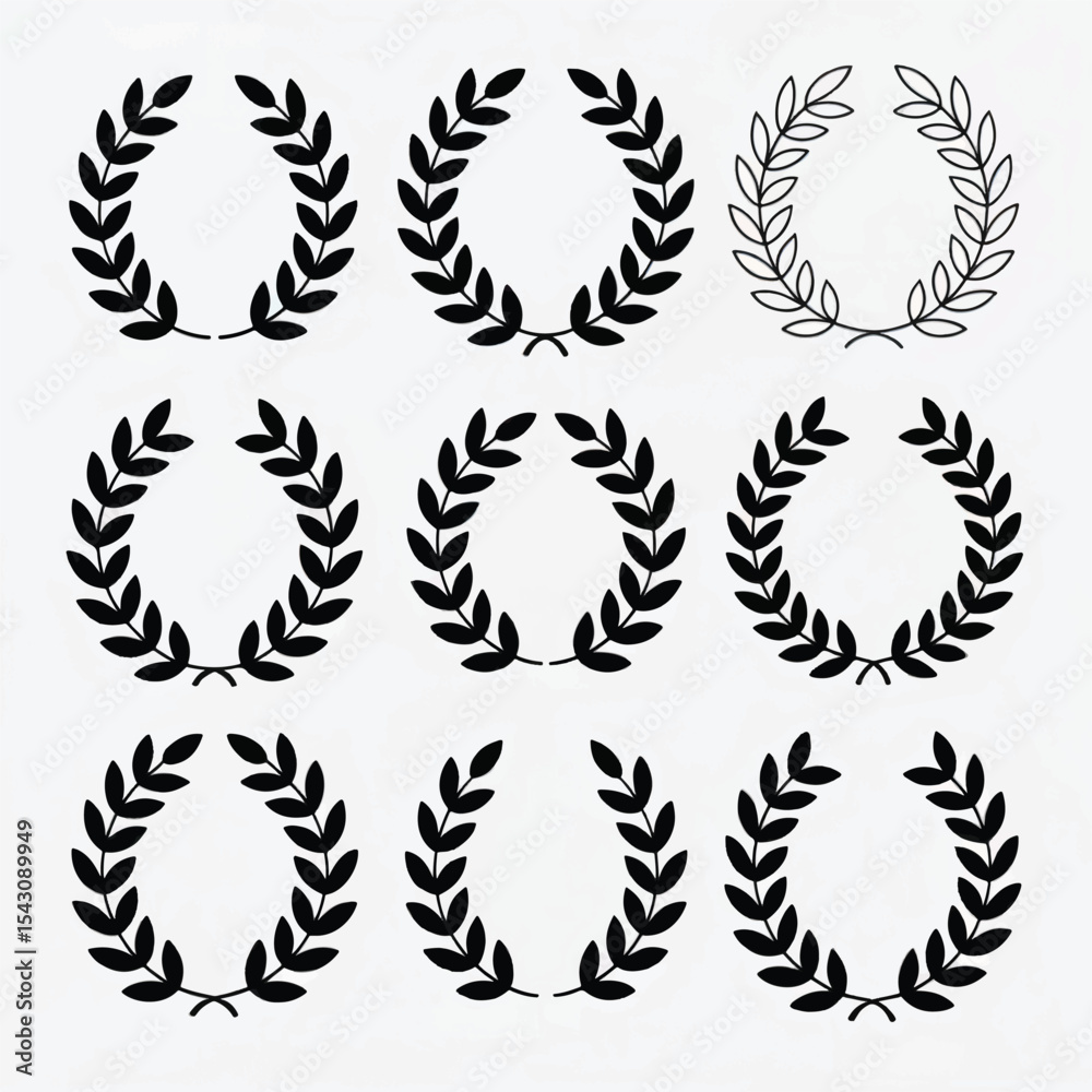 Fototapeta premium Elegant set of nine black laurel wreath designs with transparent background