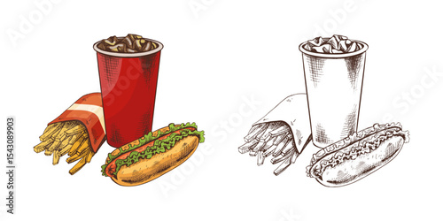 Hand drawn vintage sketch of hot dog, soda drink and french fries, fast food combo, color and monochrome