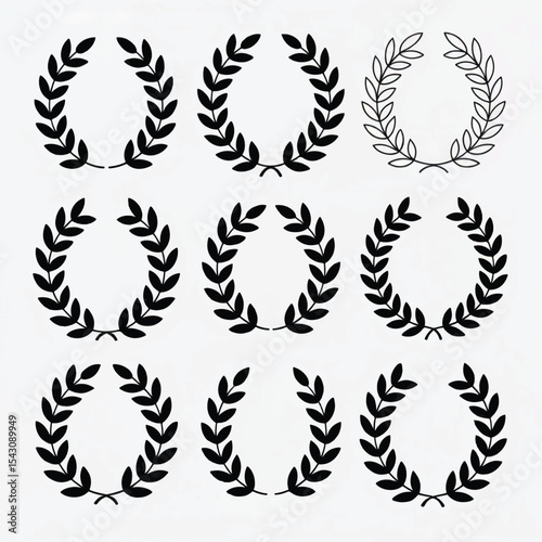 Elegant set of nine black laurel wreath designs with transparent background