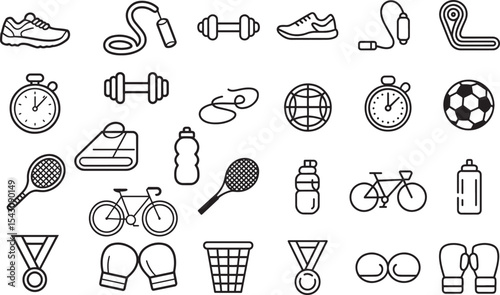 Black Line Art Set of Fitness Icons Sports Equipment Exercise Symbols Workout Illustrations vector