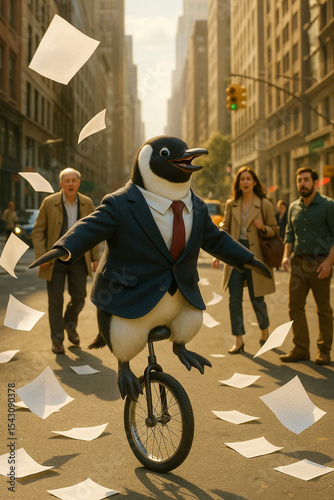Penguin Riding Unicycle in Business Suit