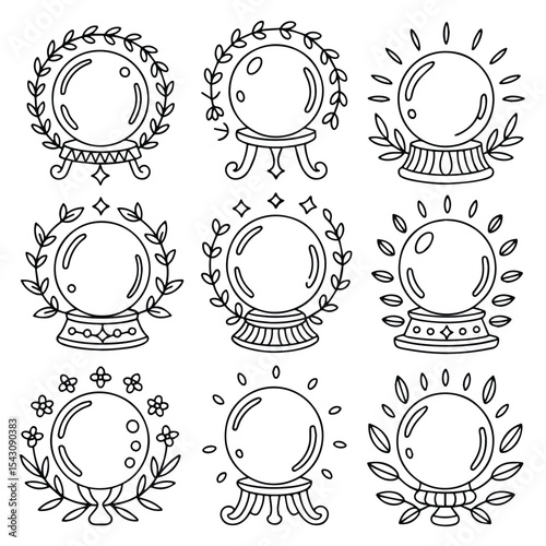 Hand drawn crystal ball illustrations suitable for occult fortune telling design projects