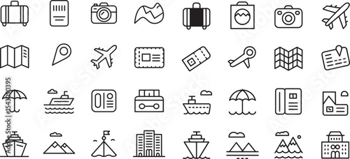 Black Line Art Travel Icons Set Suitcase Airplane Map Camera Passport Ticket Boat Hotel Mountains Umbrella