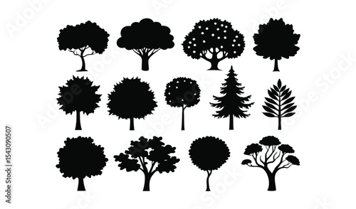 Silhouette collection of fifteen different trees