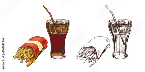 Hand drawn vintage sketch of soda drink in glass and french fries in paper pack, color vector illustration