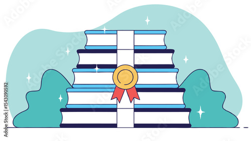 Stack of books with a gold award medal and red ribbons set against a teal abstract background design