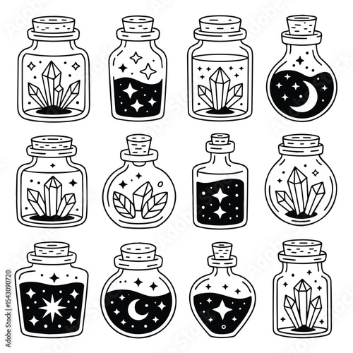 Hand drawn magical potion bottles with crystals and stars for witchcraft and design