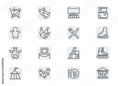 Entertainment in  shopping mall. Concept editable stroke outline icons set isolated on white background flat vector illustration. Pixel perfect.