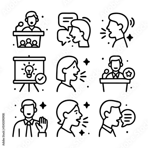 Nine Bold Line Icons Depicting Various Communication Methods.