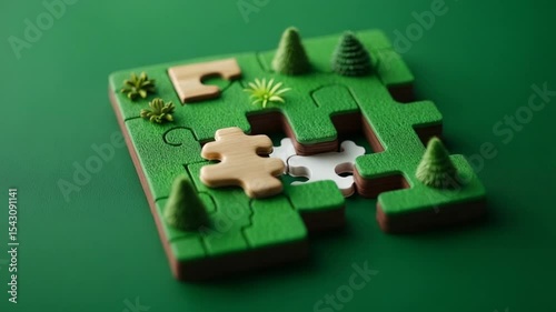 Colorful puzzle pieces on a green background with nature-themed elements missing a piece