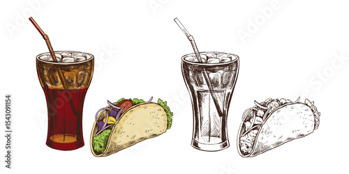 Hand drawn vintage sketch of taco with vegetables and soda drink in glass with straw, color vector illustration
