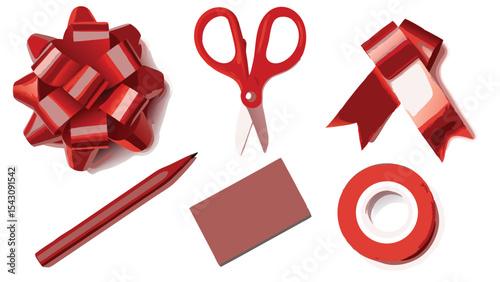 Overhead view of red gift wrapping supplies including bow scissors ribbon and tape on a white background