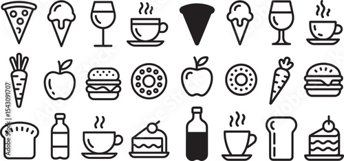 Blackand White Line Art Food Drink Icons Set Pizza Ice Cream Wine Coffee Carrot Apple Burger Donut Bread Bottle Cake
