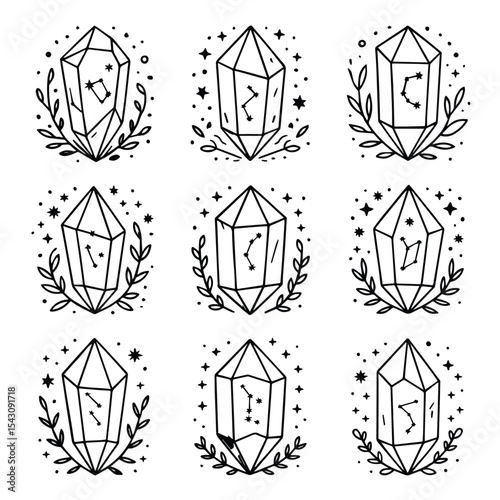 Illustrated crystal designs featuring constellations and botanical elements in a minimalist aesthetic