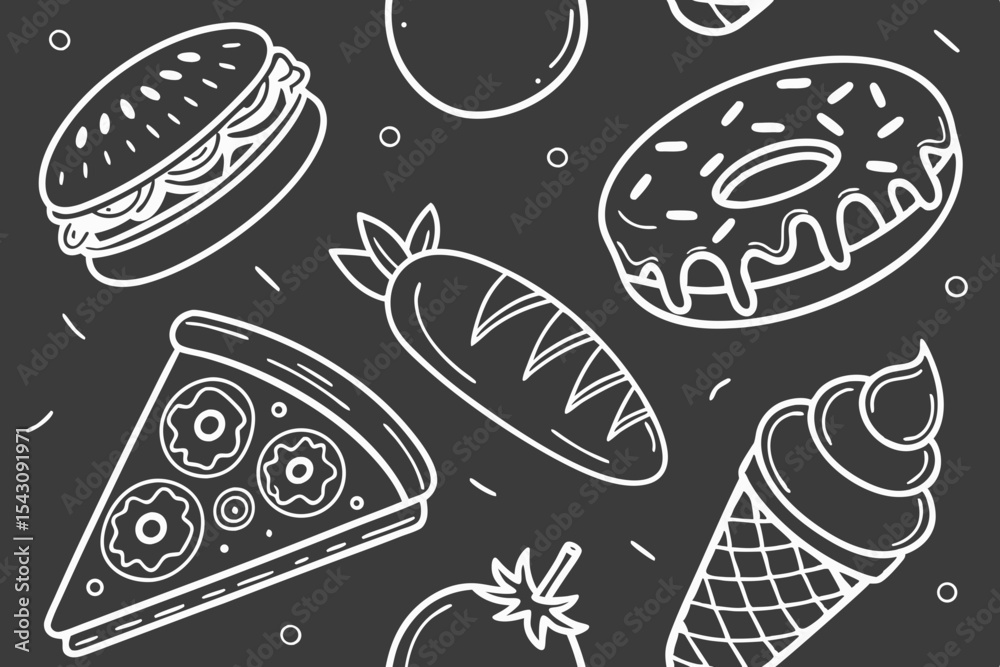 Seamless chalkboard food pattern with pizza burger donut and ice cream