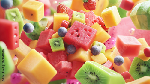 High-fidelity aerial fruit salad rendering vibrant digital culinary concept art
