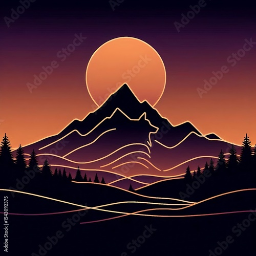 Sunset Mountain with Hidden Wolf