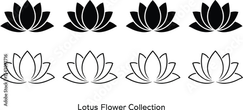 Eight lotus flower icons in black and white on a light gray background