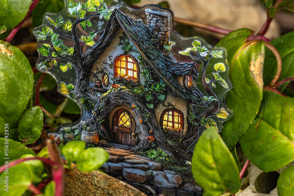 Fototapeta premium Small colorful house for elves hidden in the garden, Baba Yaga's house, garden decorations,