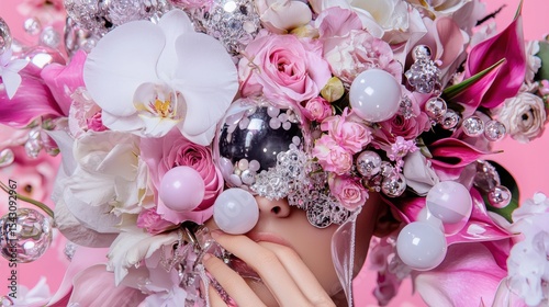 A woman's face is partially obscured by a large, elaborate floral headdress, with a focus on the eyes and nose.