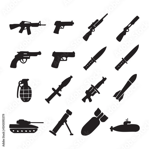 Black silhouette collection of various military weapons and vehicles.