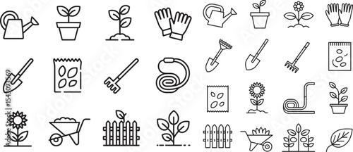 Twelve Black Line Art Garden Icons Set Plants Flowers Tools Wheelbarrow Fence Seeds vector