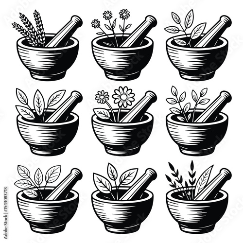 Nine vector illustrations of mortar and pestle with various herbs and plants elements