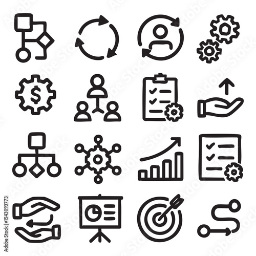 Collection of Business and Process Icons Depicting Various Concepts and Ideas.