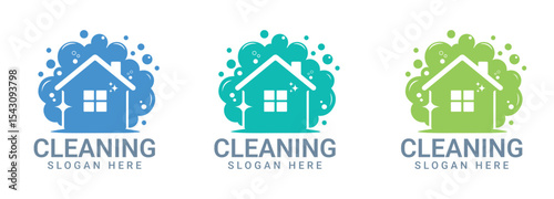Cleaning Service Logo with a House Surrounded by Bubbles