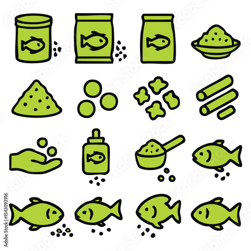 Colorful Fish Food Icons for Aquarium or Pond Pets.