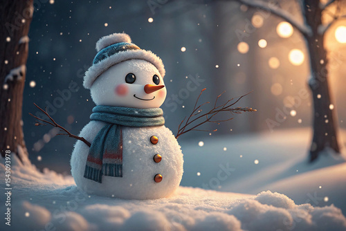 Cute Snowman in Winter Forest with Scarf and Hat at Sunset