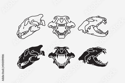 Tiger head skulls line icon set. Tiger skull bone silhouette collection. Puma, leo, lion, saber, predator, wildlife, hunting, tattoo, adventure, museum, archaeologist. Vector illustration.