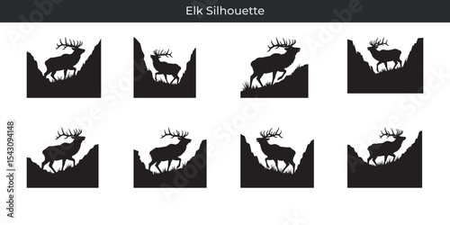 Majestic elk silhouette artwork in various mountainous landscapes and wilderness scenes
