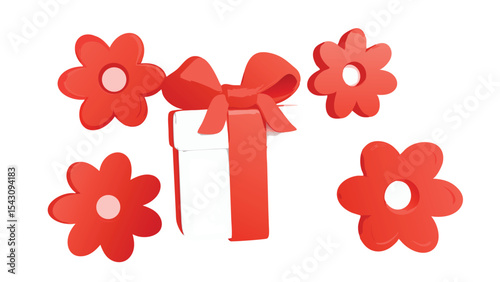 A white gift box with a red bow and ribbon surrounded by four red flowers on a white background