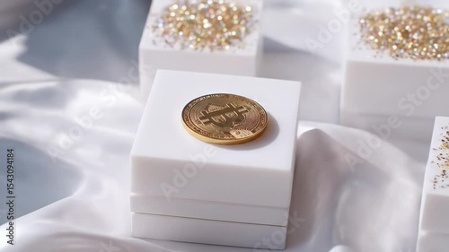 Elegant Golden Coin Displayed on a Decorative White Box Surrounded by Sparkling Elements