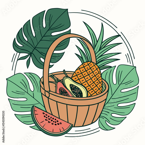 Vector Emblem of Papaya and Pineapple in Basket