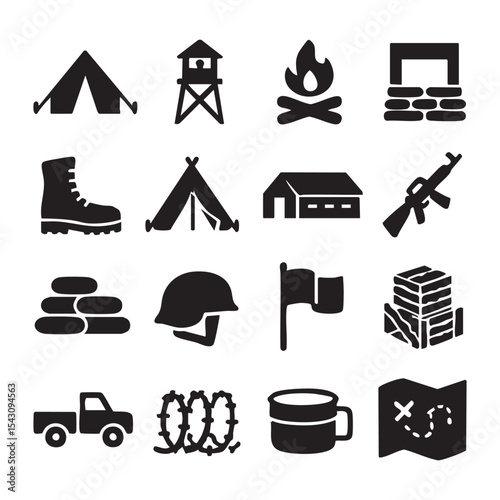 Military and Camping Icons Tent Watchtower Fire Bunker Boot Rifle Map.