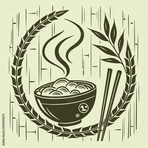 Traditional Rice Bowl Logo With Bamboo Frame vector