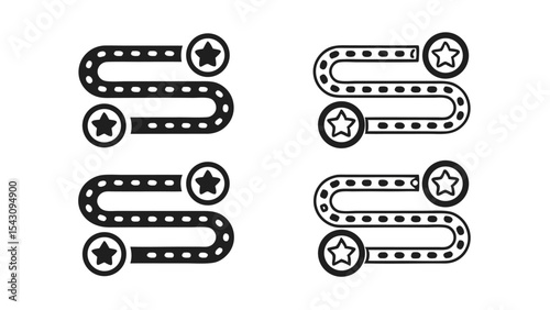 Illustration of winding paths with star icons marking start and end points in black and white style