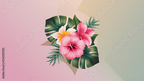 Tropical flowers hibiscus plumeria monstera leaves summer vacation floral design art