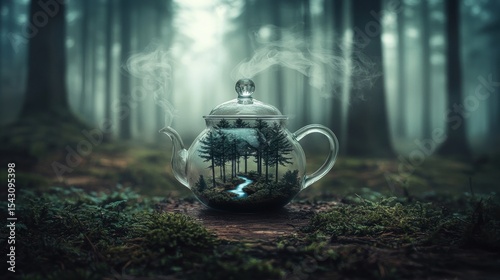 A teapot with a forest scene inside sits on a mossy rock in a foggy forest.