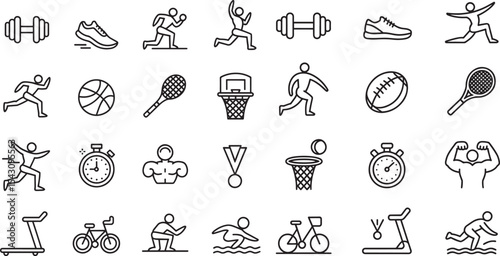 Twelve Black Line Icons Depicting Various Sports and Fitness Activities Including Running Weightlifting