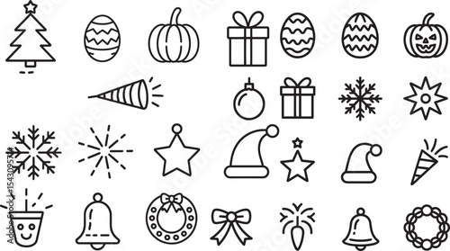Twelve Black Outline Holiday Icons Set Christmas New Year Winter Festive Symbols Line Art Graphics newyear