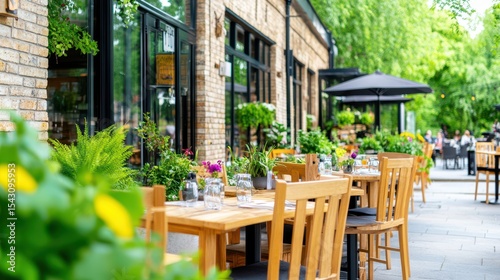 Fototapeta Naklejka Na Ścianę i Meble -  Outdoor Restaurant Dining: A charming outdoor restaurant setting, tables set amidst greenery, beckoning with an inviting ambiance for diners seeking a delightful culinary experience.