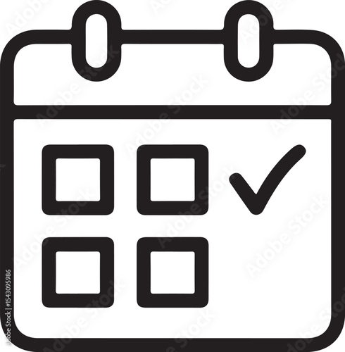 Black and White Calendar Icon with Checkmark Line Art