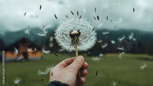 A hand holds a dandelion seed head, releasing its seeds into the air.